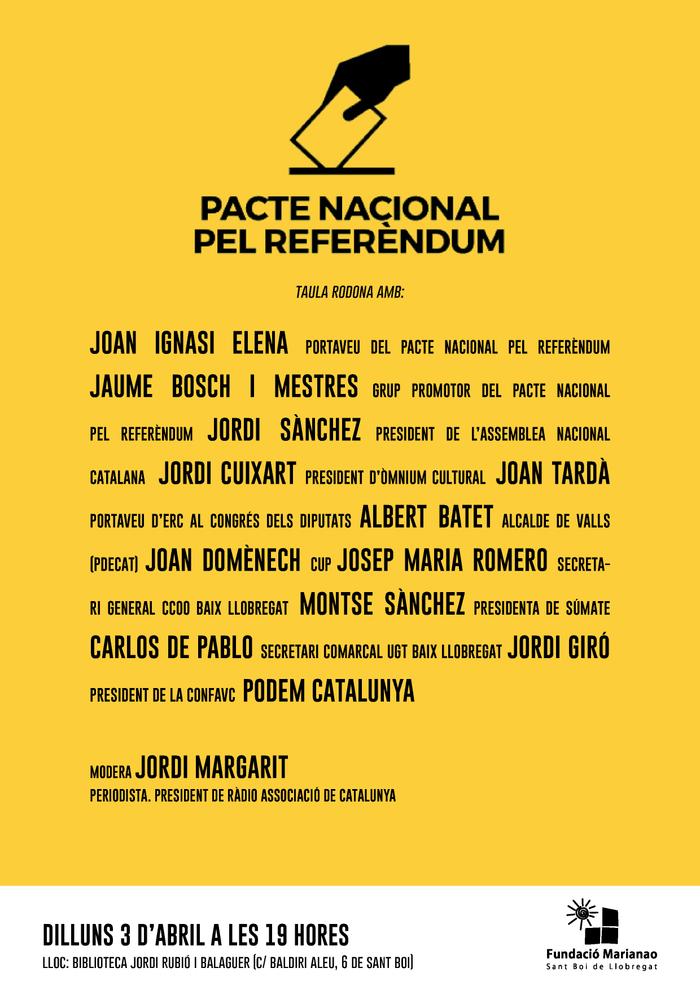 Cartell Taula Rodona: Pacte Nacional pel Referèndum, organitzada per la Fundació Marianao